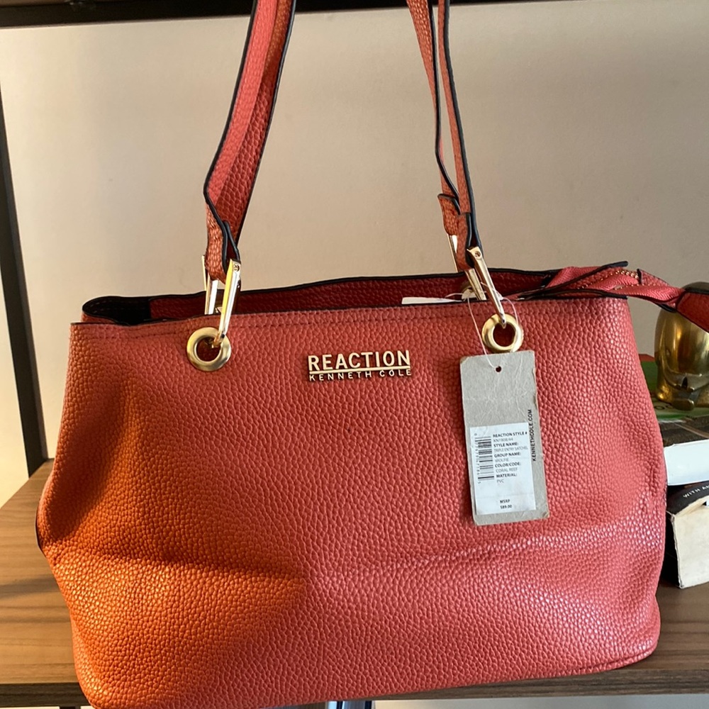 REACTION Kenneth Cole Wolfie Coral triple entry satchel NWT